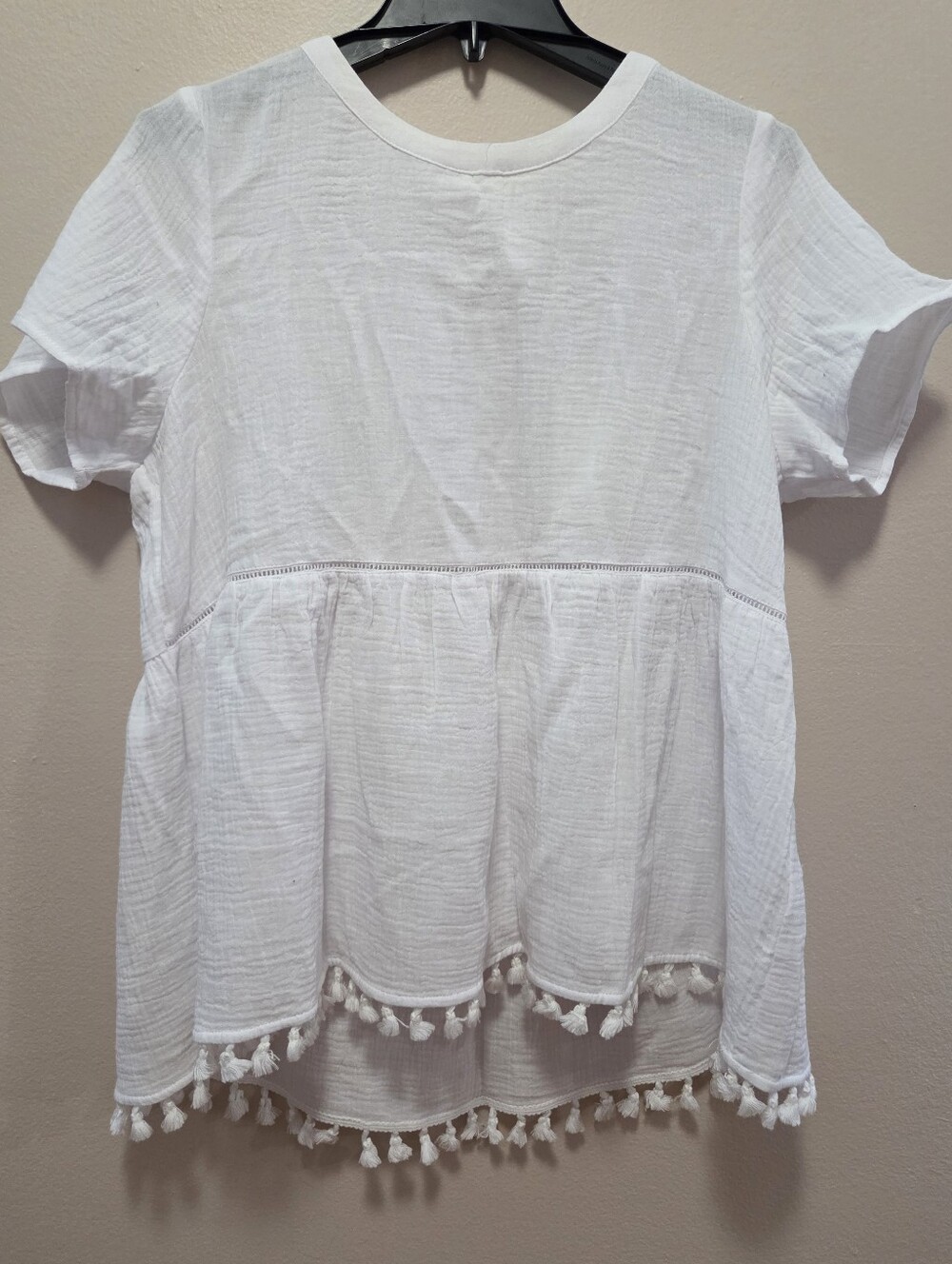 Women's White Tassel-Hem Peplum Top